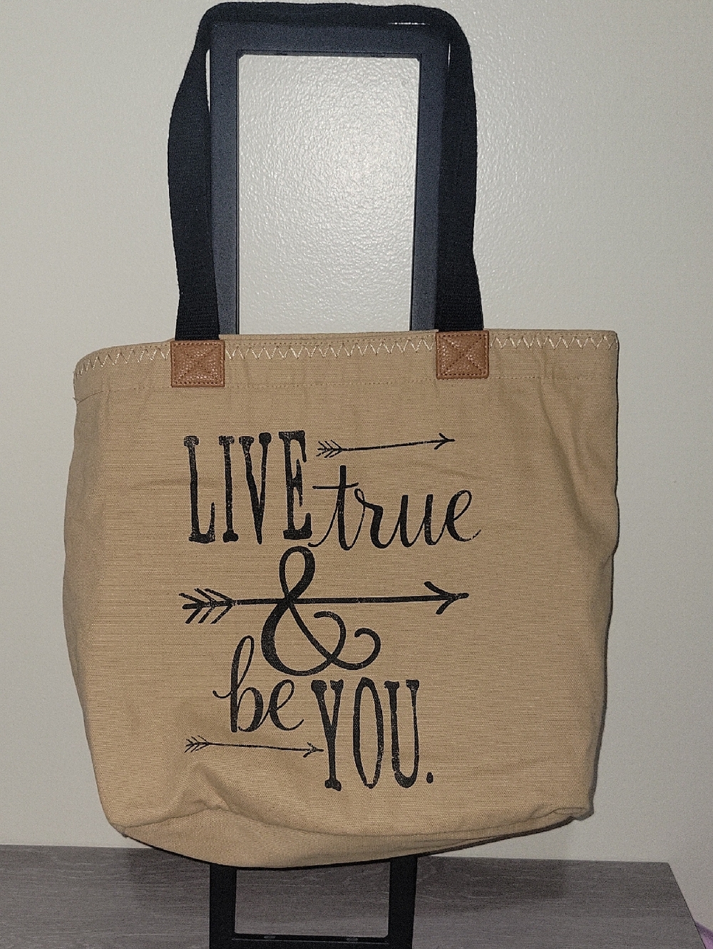 Thirty-One Canvas Tote in Tan with Black Accents